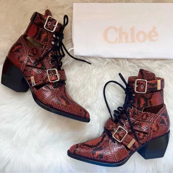 New! CHLOE Rylee Snake-Effect Leather Ankle Boots | Lace-Up Cutout Block Heel - Picture 7 of 16